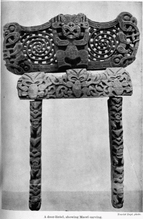 A door-lintel, showing Maori carving. Tourist Dept.
photo
