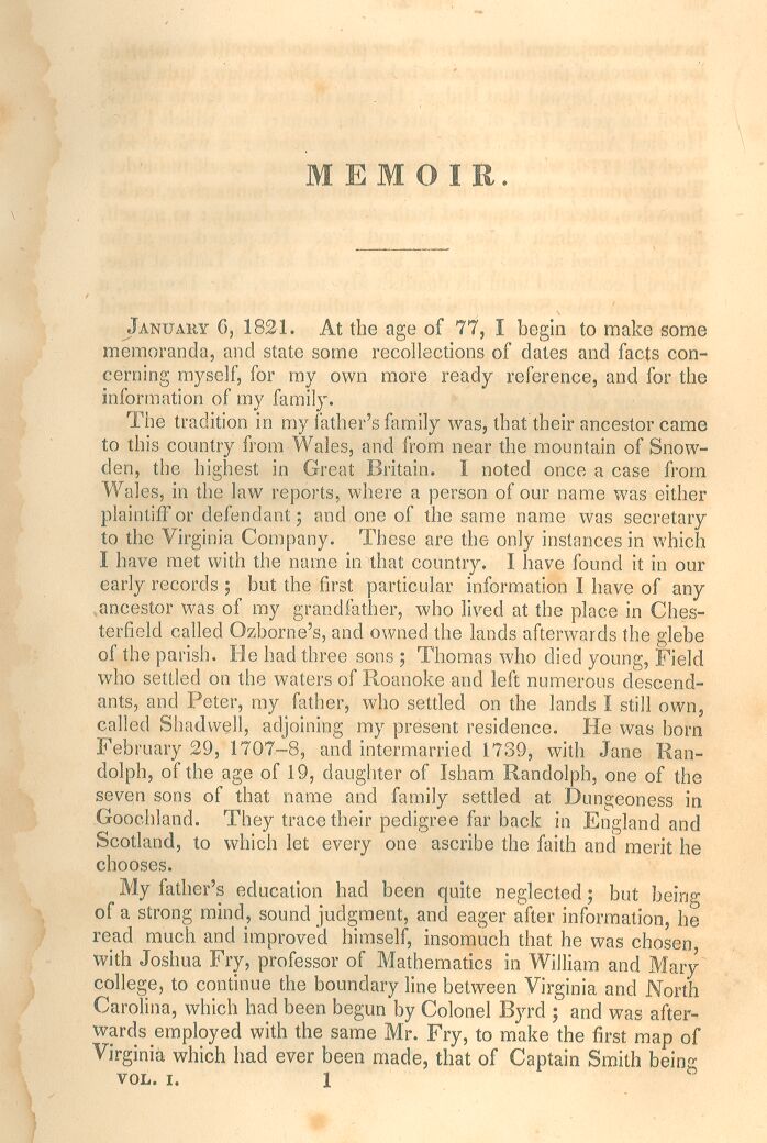 Page One of Jefferson&rsquo;s Memoir, Page001 
