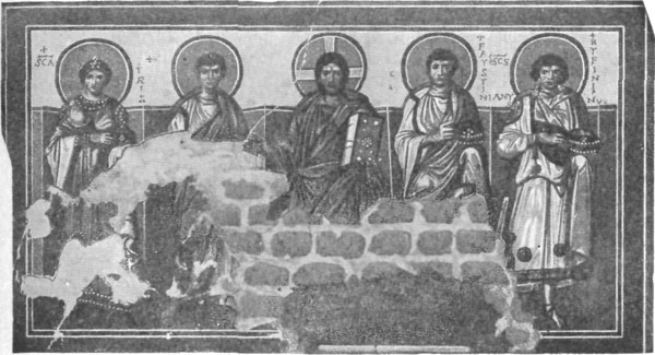 FIG. 20.&mdash;CHRIST AND SAINTS. FRESCO. S. GENEROSA,
SEVENTH CENTURY (?).