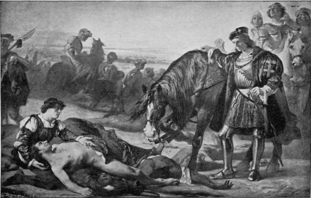 GONSALVO DE CORDOVA FINDING THE CORPSE OF THE DUKE OF NEMOURS. Illustration: GONSALVO DE CORDOVA FINDING THE CORPSE OF THE DUKE OF NEMOURS.