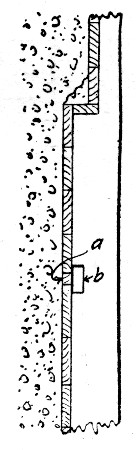 Fig. 296.&mdash;Notched Studding for Removal of Lagging Board
to Permit Swelling.