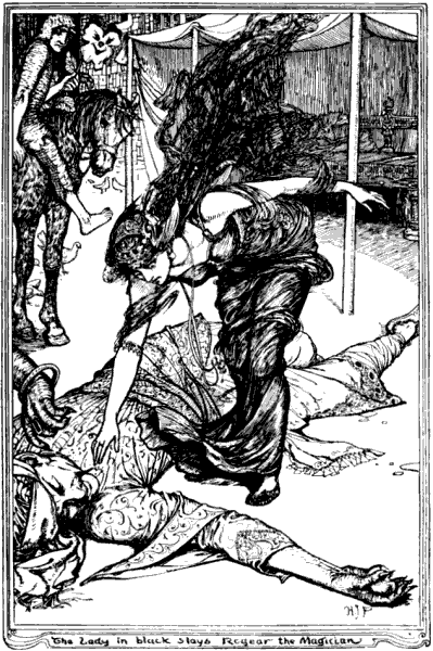 
The Lady in black slays Rog&eacute;ar the Magician.