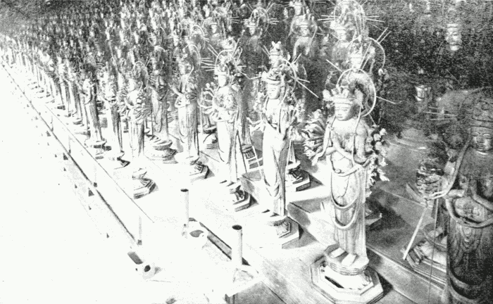 Statues of Kwannon, San-Ju-San-Gen-Do. Illustration.