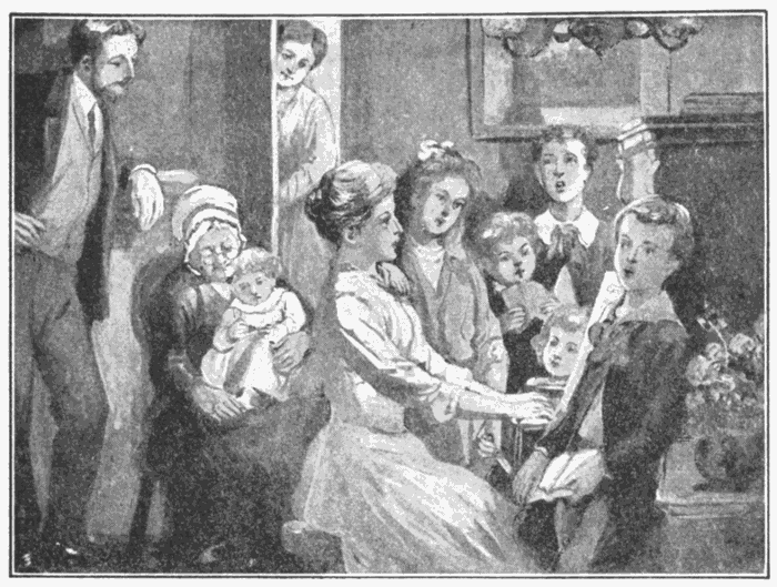 The Home Circle. "Happy the home when God is there, And love fills every breast." Illustration.