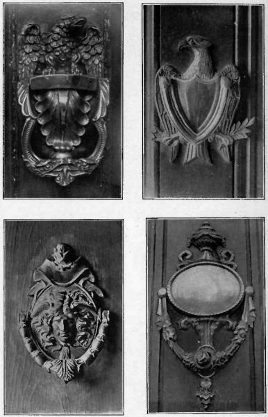 Plate IX.&mdash;Eagle Knocker; Eagle Knocker, Rogers House, Danvers, Mass.; Medusa head, elaborate early type; Garland type of Knocker.