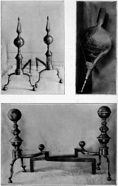 Plate XIX.&mdash;Middleton House Steeple Top Andirons, and Bellows; Southern Andirons, Atkinson Collection.