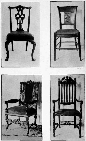 Plate XXV.&mdash;Chippendale, Lord Timothy Dexter's Collection, H.&nbsp;P. Benson; French Chair, showing Empire influence; Flemish Chair; Banister-back Chair.