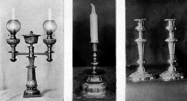 Plate LI.&mdash;Colonial Mantel Lamp; Single bedroom brass Candlestick; Sheffield Plate Candlesticks.