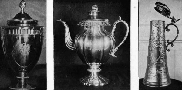 Plate LXII.&mdash;Old Silver Coffee Urn with Pineapple finial; Sheffield Plate Teapot, formerly owned by Thomas Jefferson; Tall Silver Pitcher, of flagon influence.