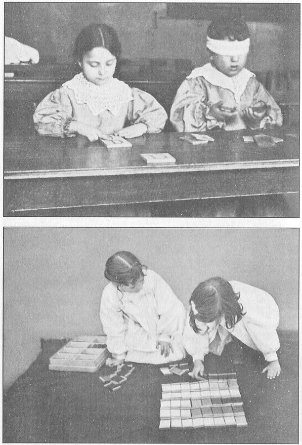 (A) GIRL TOUCHING A LETTER AND BOY TELLING OBJECTS BY WEIGHT.
(B) ARRANGING TABLETS OF SILK IN THEIR CHROMATIC ORDER. There
are eight colours, and eight shades of each colour, making sixty-four gradations in all.