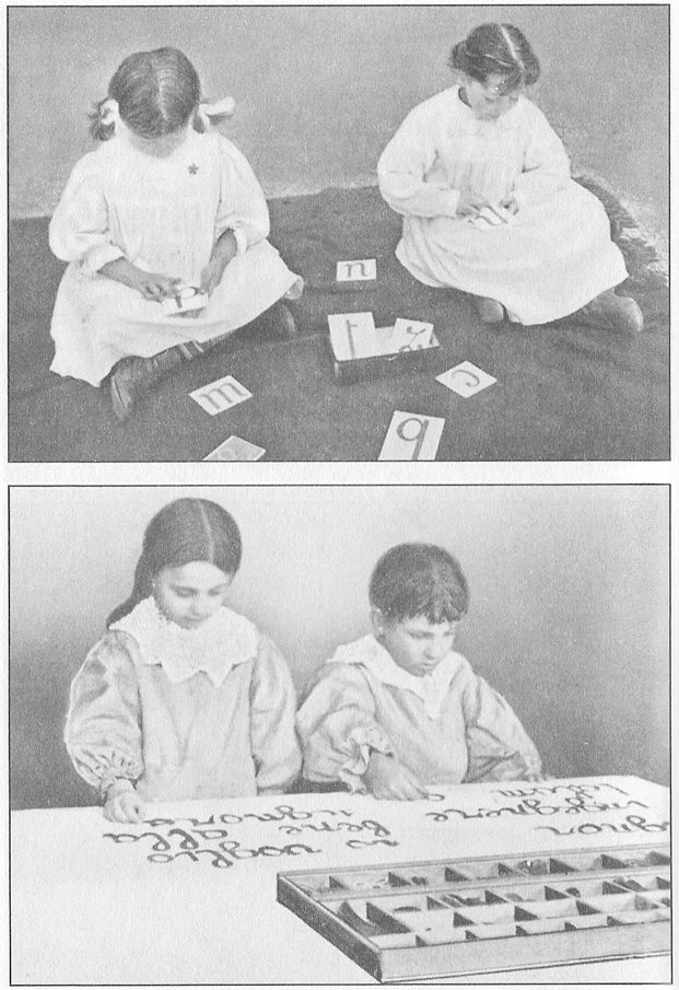 (A) CHILDREN TOUCHING LETTERS. The child on the left has acquired lightness
and delicacy of touch by very thorough preparatory exercises. The one on the right has
not had so much training. (B) MAKING WORDS WITH CARDBOARD SCRIPT.