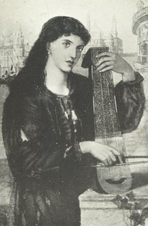 &lsquo;Picture for a Story.&rsquo;  (Face and Instrument
designed by D. G. Rossetti, background by Dunn.)