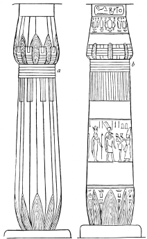 Fig. 13.&mdash;Lotos-columns from Thebes.

a. Sculptured Column from the Great Temple at Carnac.

b. Painted Column from the Memnonium of Ramses II.