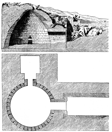 Fig. 121.&mdash;Plan and Section of the Tholos of Atreus.