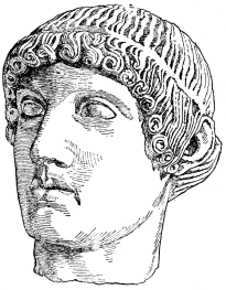 Fig. 212.&mdash;Head of Apollo, from the Western Gable of the
Great Temple of Zeus, Olympia.