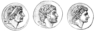 Antiochos I. of Syria. 281 to 262.

Philip V. of Macedon. 220 to 178.

Perseus of Macedon. 178 to 168.

Fig. 235.&mdash;Coins of the Diadochi.