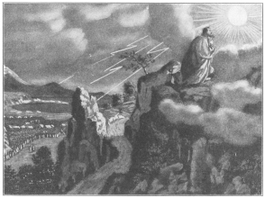 Moses praying on Mount Sinai.

From an old print